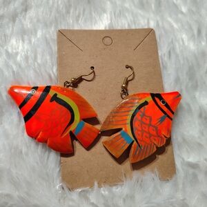Vintage 80s New Wave Wood Orange Fish-Shaped Earrings/ See Into
